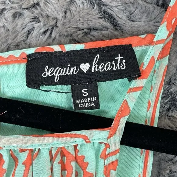 Sequin Hearts Dress Womens Size Small Orange Aqua Smocked Boho Indie Unique Alt - Picture 2 of 10